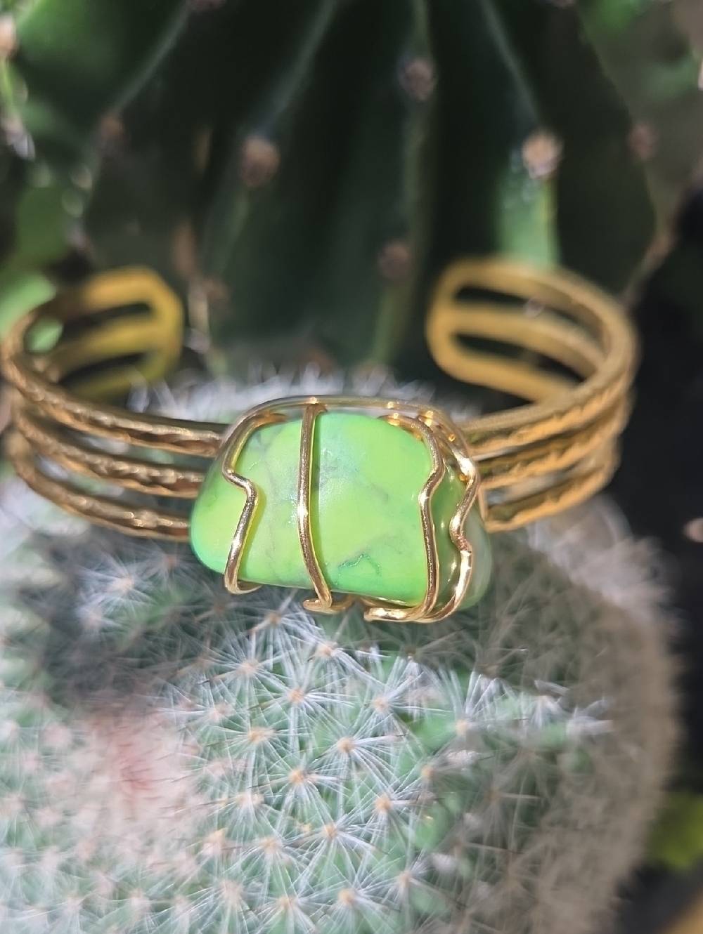 Wire Wrapped Gold Tone Cuff Bracelet with Lime Green Turquoise Stone